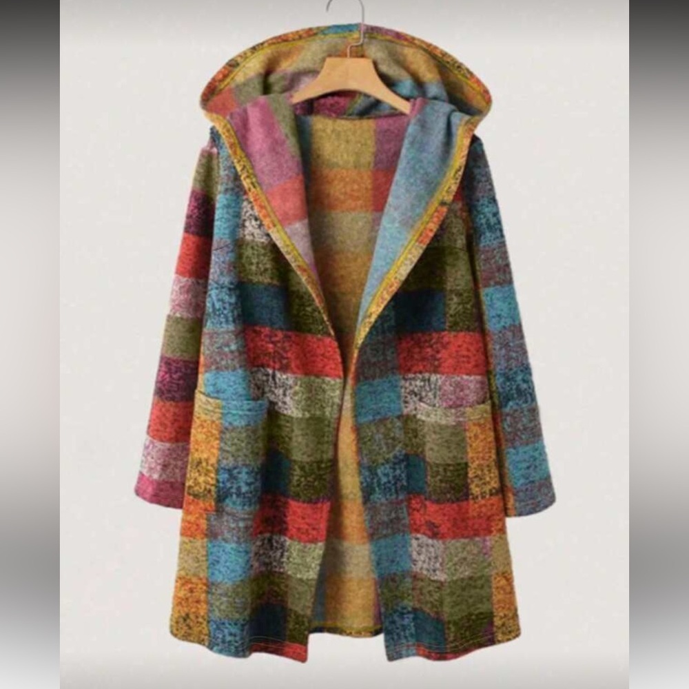 Luxe Plaid Checker Long Sleeve Pocket Knit Hoodie Sweater LIGHT Coat Brushed